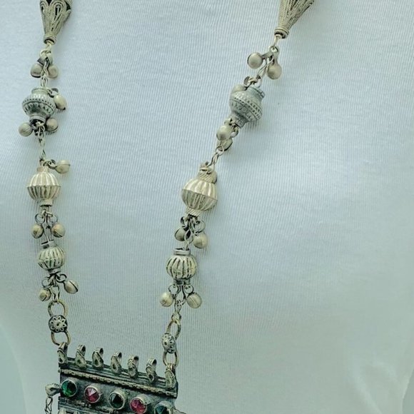 Vintage Long Chain Tribal Pendant Necklace, Gypsy Nomadic Ethnic Necklace - Picture 5 of 11